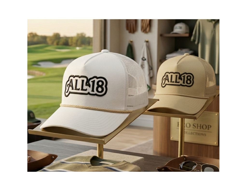 ALL 18 GOLF Classic Rope Trucker Cap – Khaki/Black or White/Black Snapback