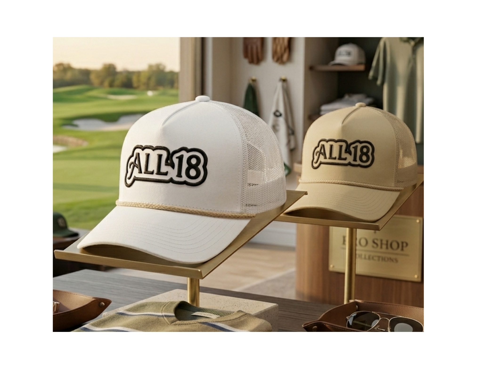 ALL 18 GOLF Classic Rope Trucker Cap – Khaki/Black or White/Black Snapback