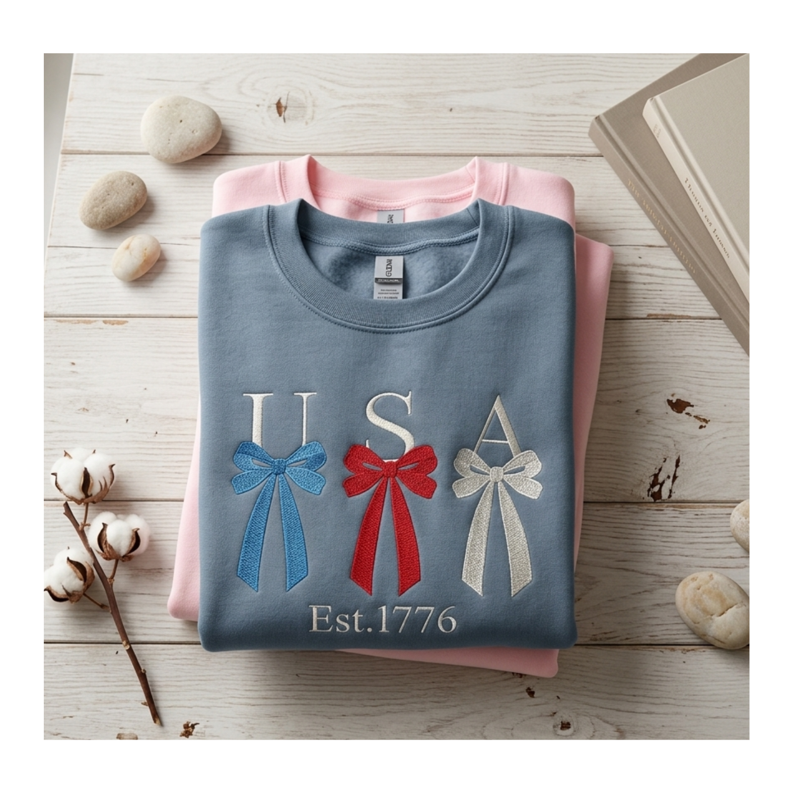 USA Bow Embroidery Crewneck Sweatshirt | Est. 1776 Patriotic Shirt