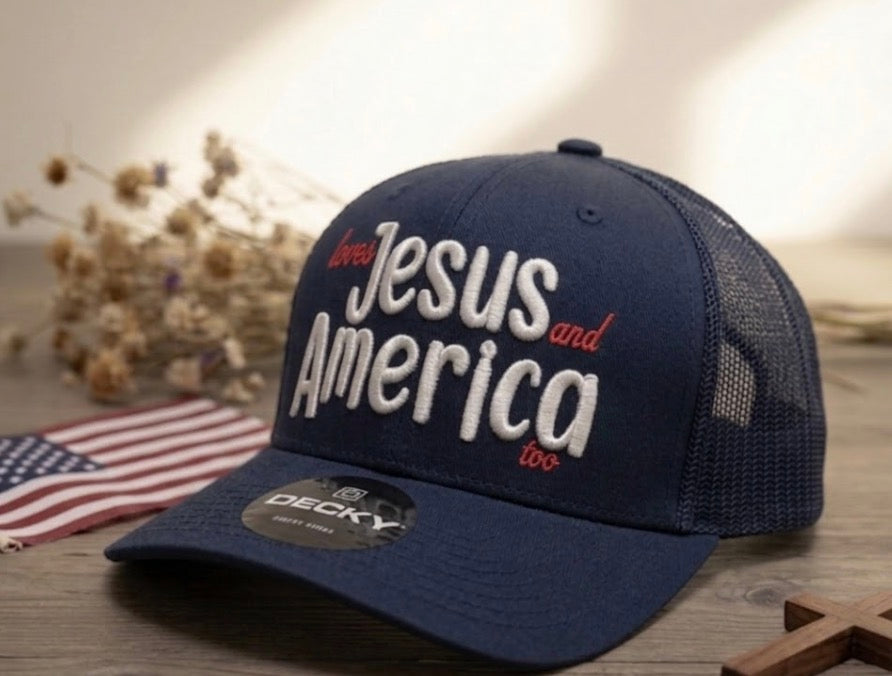 Loves Jesus and America Too Navy or White 6 Panel Classic Trucker Hat Mid Profile (3D Puff Embroidery)
