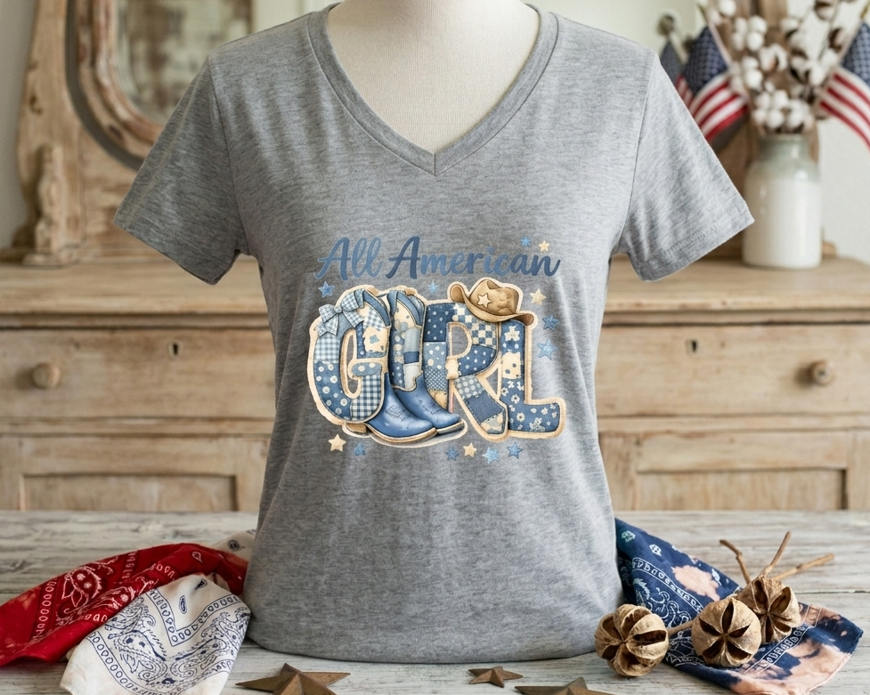 All American Girl Patriotic T-Shirt Blue Patchwork Coquette Cowboy Boots Western Tee Fourth of July Country Girl Graphic Shirt