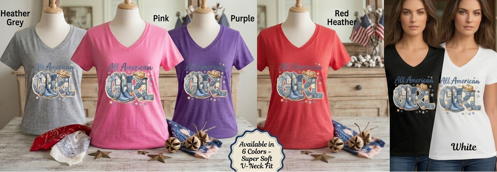 All American Girl Patriotic T-Shirt Blue Patchwork Coquette Cowboy Boots Western Tee Fourth of July Country Girl Graphic Shirt