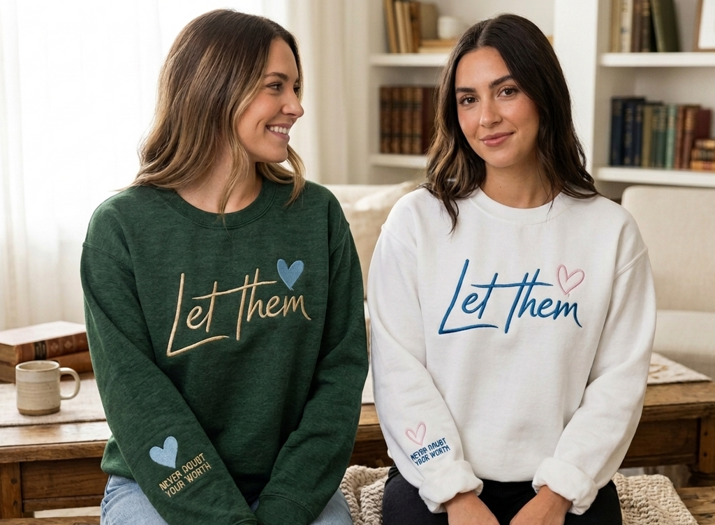 Custom Embroidered "Let Them" Sweatshirt | Never Doubt Your Worth Sleeve Detail | Empowering Women’s Gift Crewneck