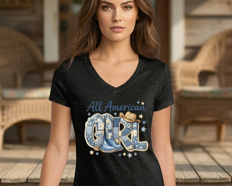 All American Girl Patriotic T-Shirt Blue Patchwork Coquette Cowboy Boots Western Tee Fourth of July Country Girl Graphic Shirt
