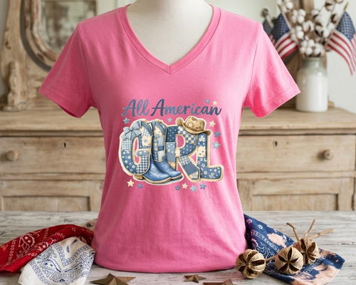 All American Girl Patriotic T-Shirt Blue Patchwork Coquette Cowboy Boots Western Tee Fourth of July Country Girl Graphic Shirt