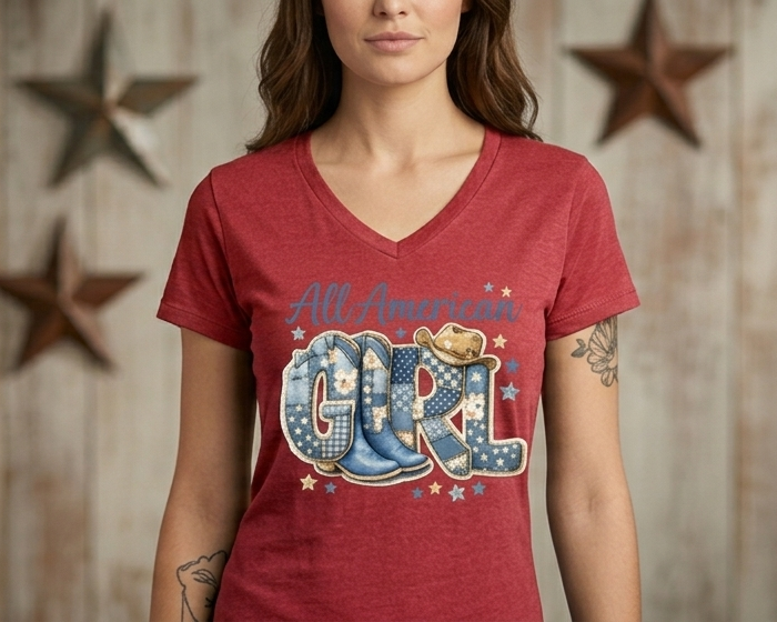 All American Girl Patriotic T-Shirt Blue Patchwork Coquette Cowboy Boots Western Tee Fourth of July Country Girl Graphic Shirt