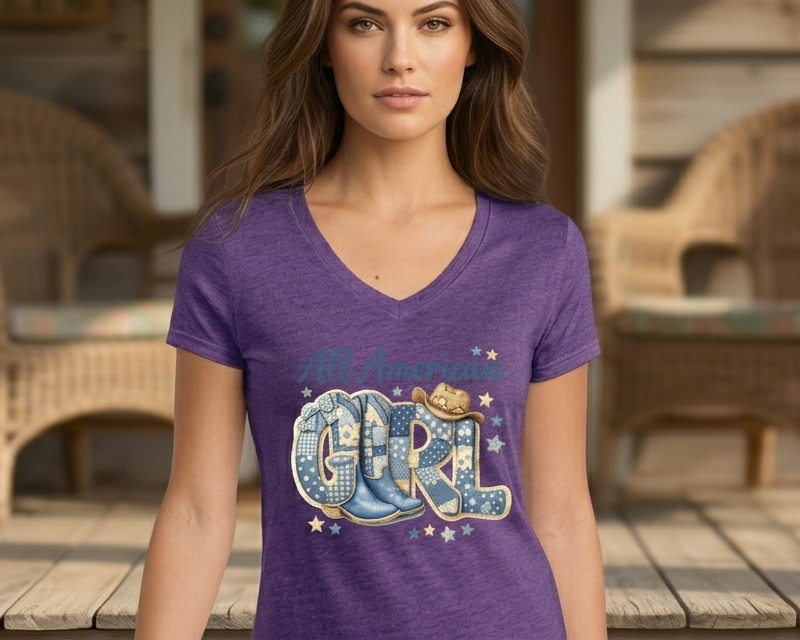 All American Girl Patriotic T-Shirt Blue Patchwork Coquette Cowboy Boots Western Tee Fourth of July Country Girl Graphic Shirt