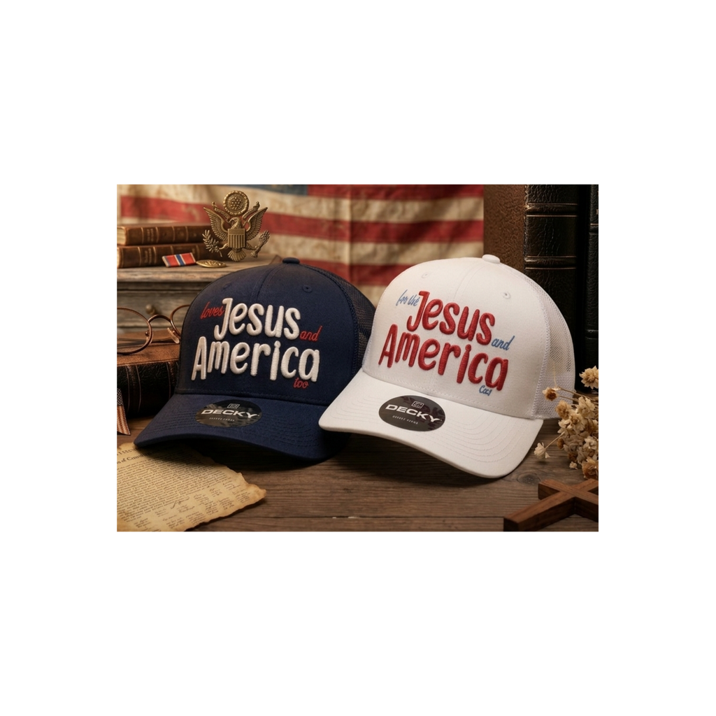 Loves Jesus and America Too Navy or White 6 Panel Classic Trucker Hat Mid Profile (3D Puff Embroidery)