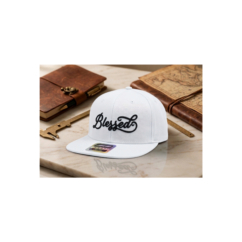 Blessed Script Embroidery Snapback Hat – Premium Flat Bill Cap, Red, White, Navy, Black