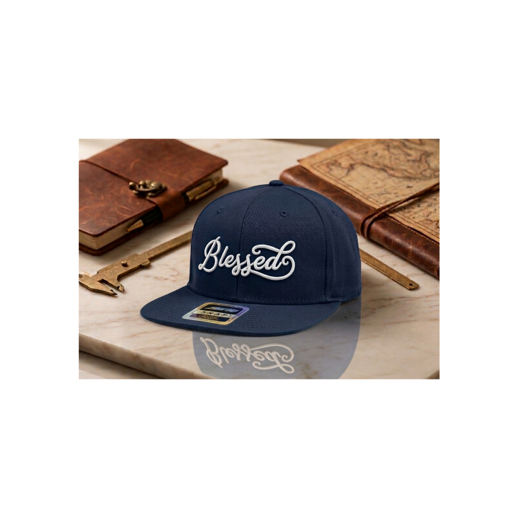 Blessed Script Embroidery Snapback Hat – Premium Flat Bill Cap, Red, White, Navy, Black