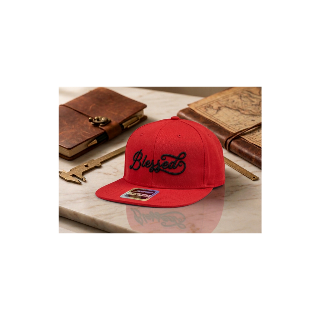 Blessed Script Embroidery Snapback Hat – Premium Flat Bill Cap, Red, White, Navy, Black