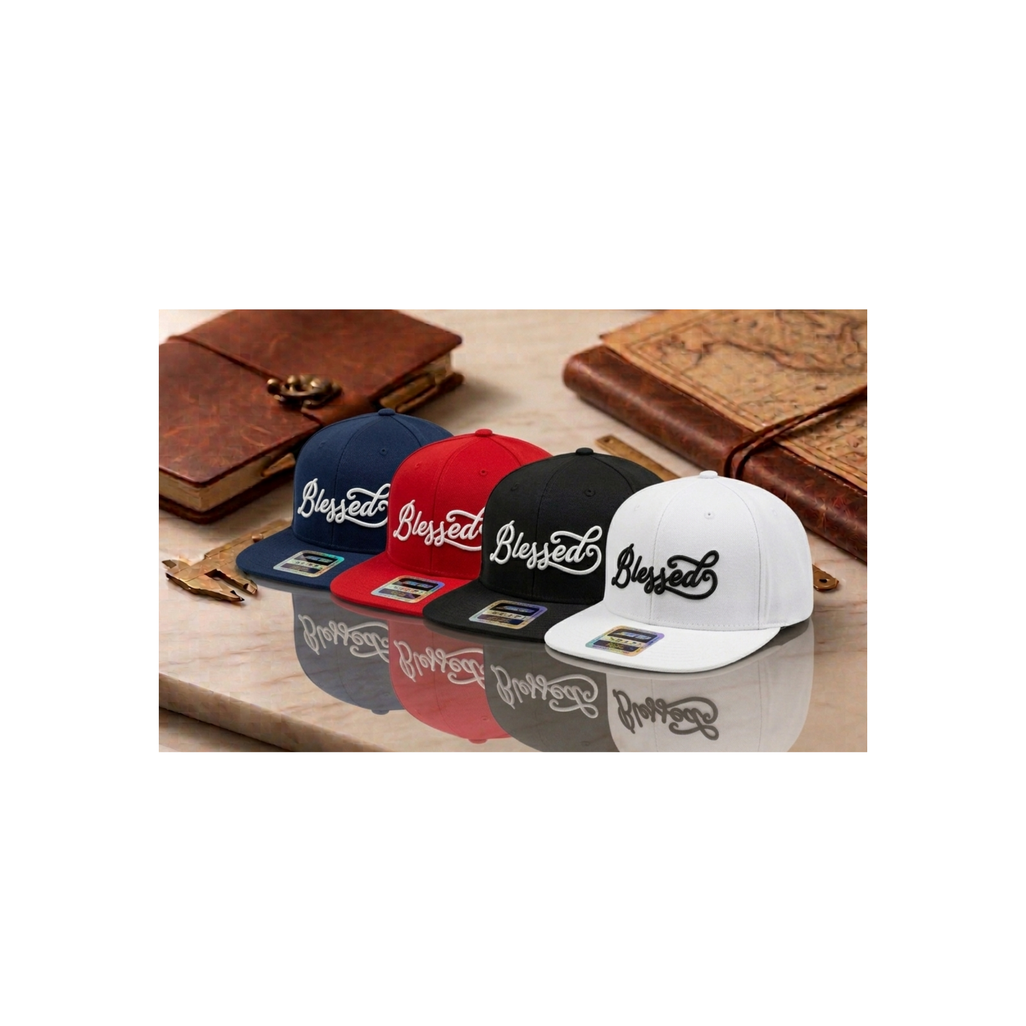 Blessed Script Embroidery Snapback Hat – Premium Flat Bill Cap, Red, White, Navy, Black