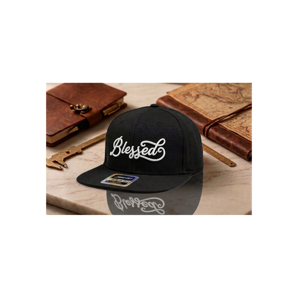 Blessed Script Embroidery Snapback Hat – Premium Flat Bill Cap, Red, White, Navy, Black
