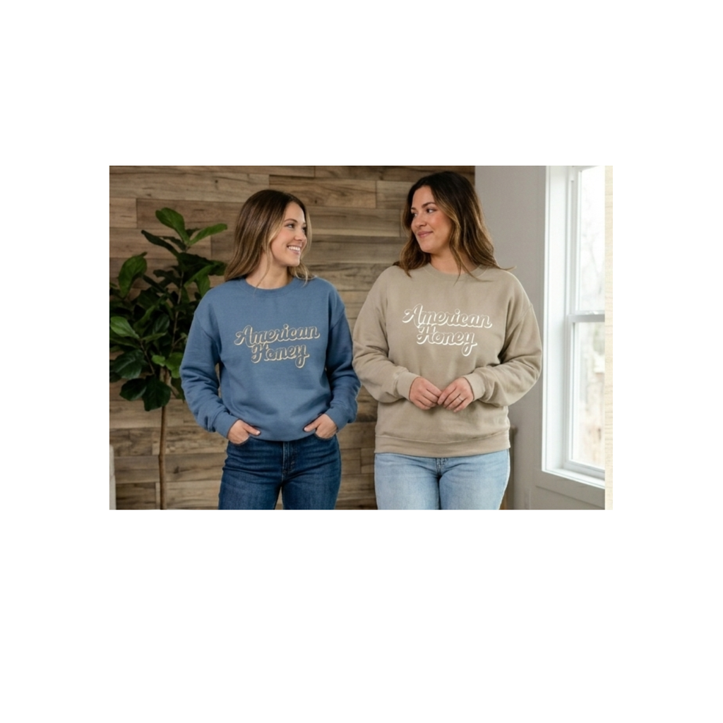 American Honey Embroidered Crewneck - Gildan 18000 (Indigo & Sand)