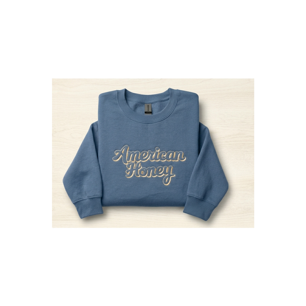 American Honey Embroidered Crewneck - Gildan 18000 (Indigo & Sand)