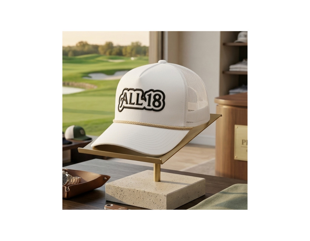 ALL 18 GOLF Classic Rope Trucker Cap – Khaki/Black or White/Black Snapback
