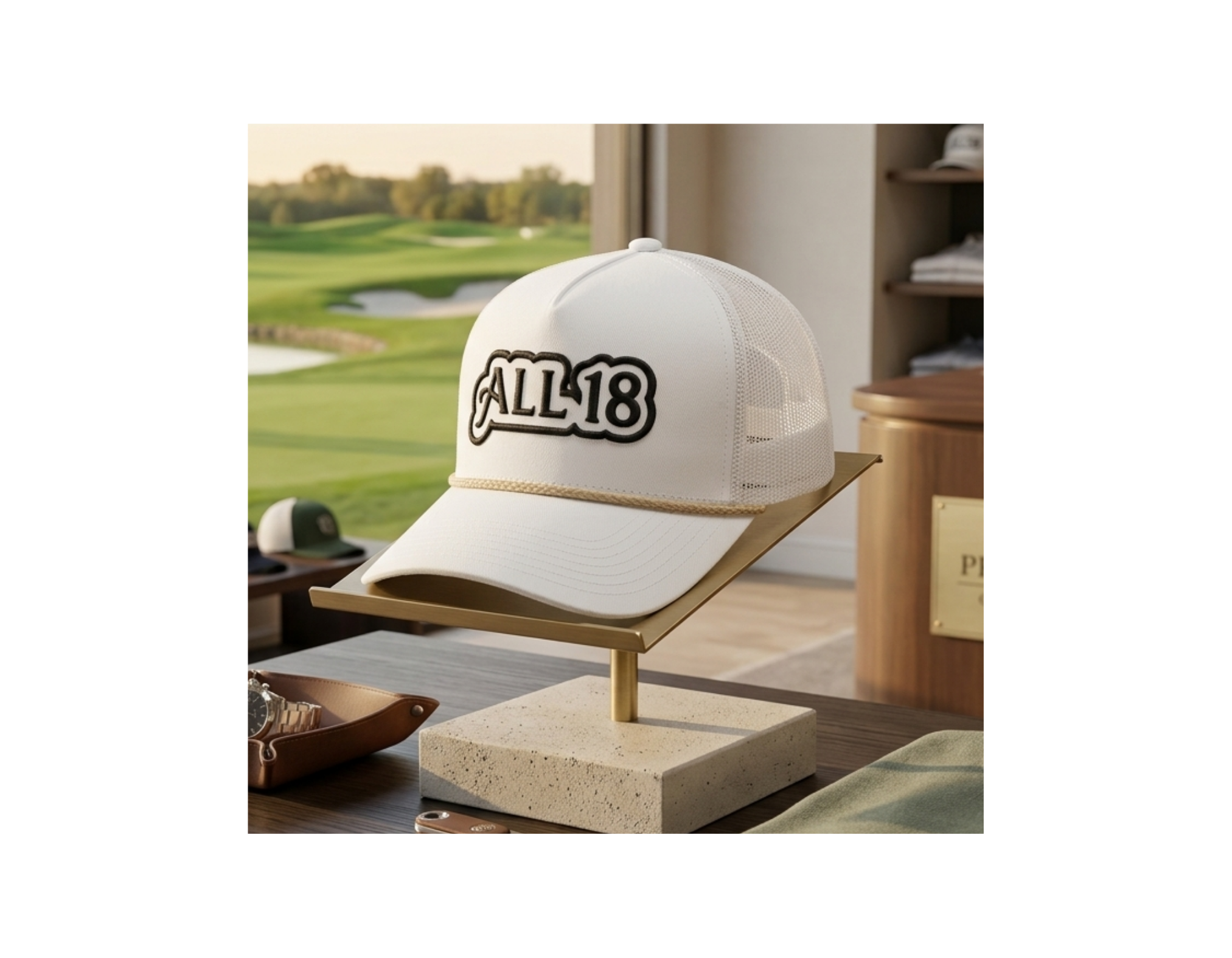 ALL 18 GOLF Classic Rope Trucker Cap – Khaki/Black or White/Black Snapback