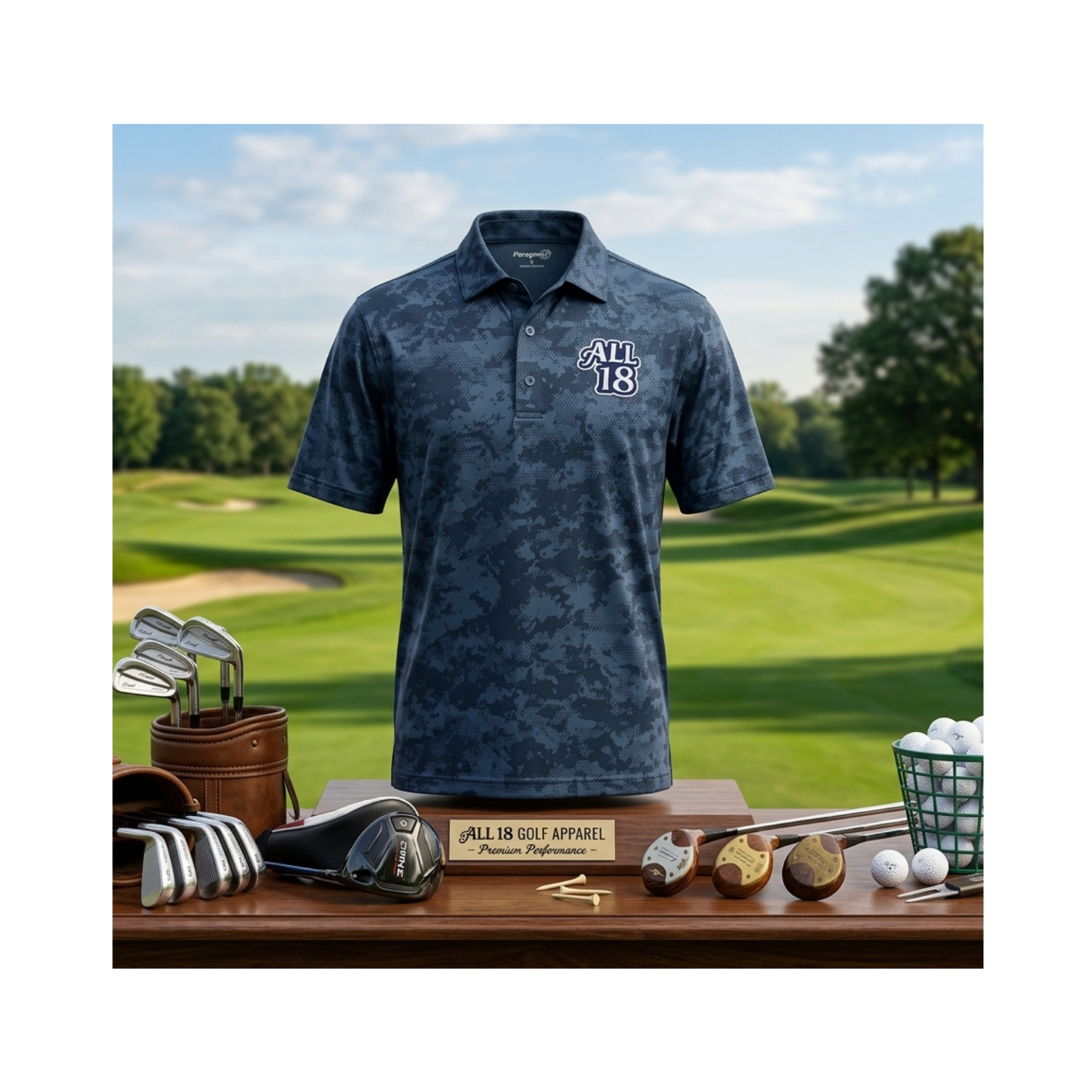 All 18 Golf Men's Monterey Performance Golf Polo - Navy or White Camo Print