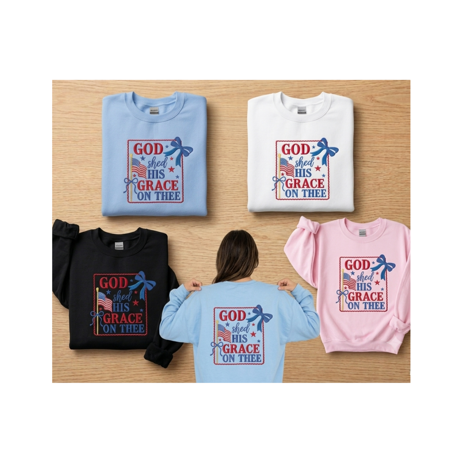 God Shed His Grace on Thee Patriotic Embroidered Gildan Crewneck Sweatshirt