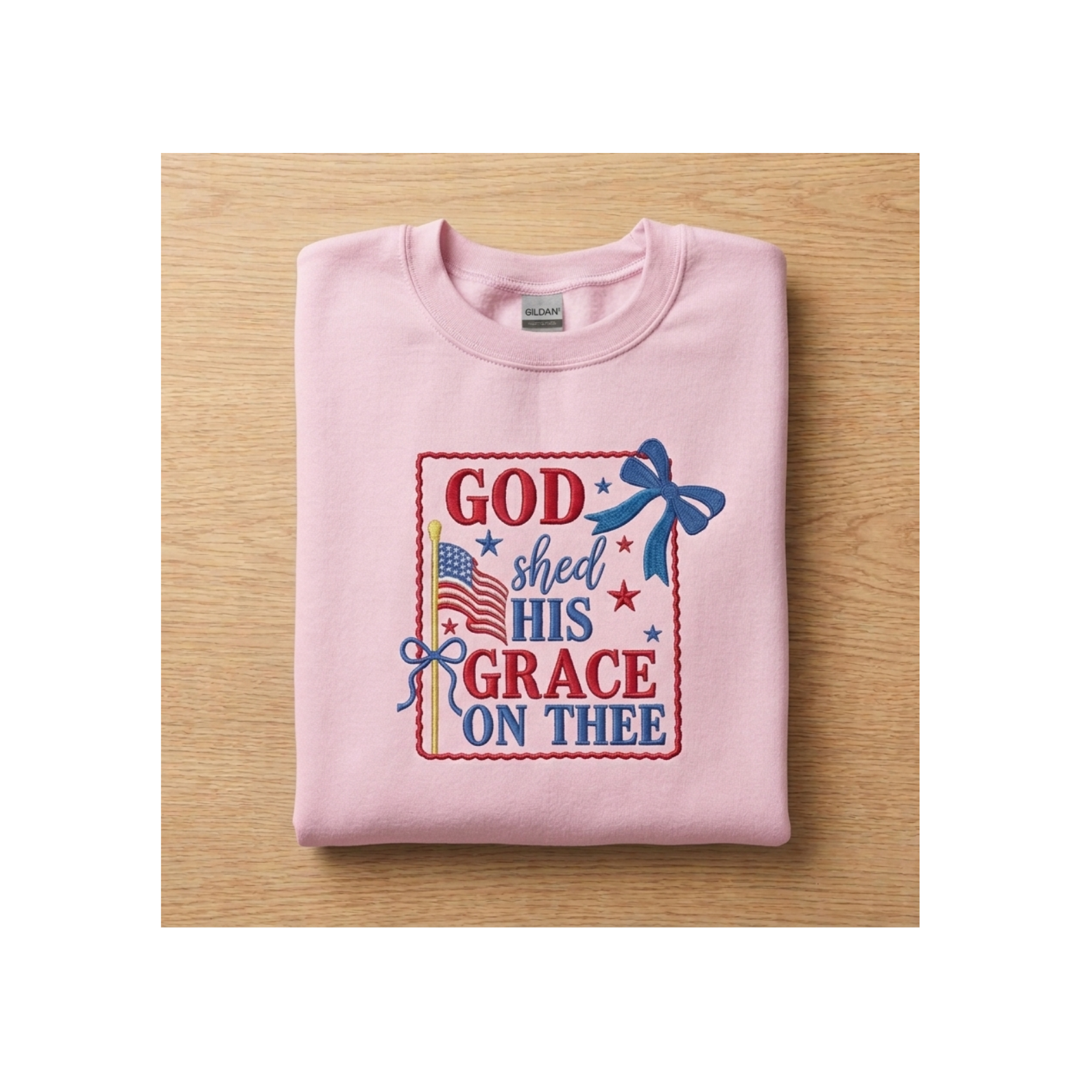 God Shed His Grace on Thee Patriotic Embroidered Gildan Crewneck Sweatshirt