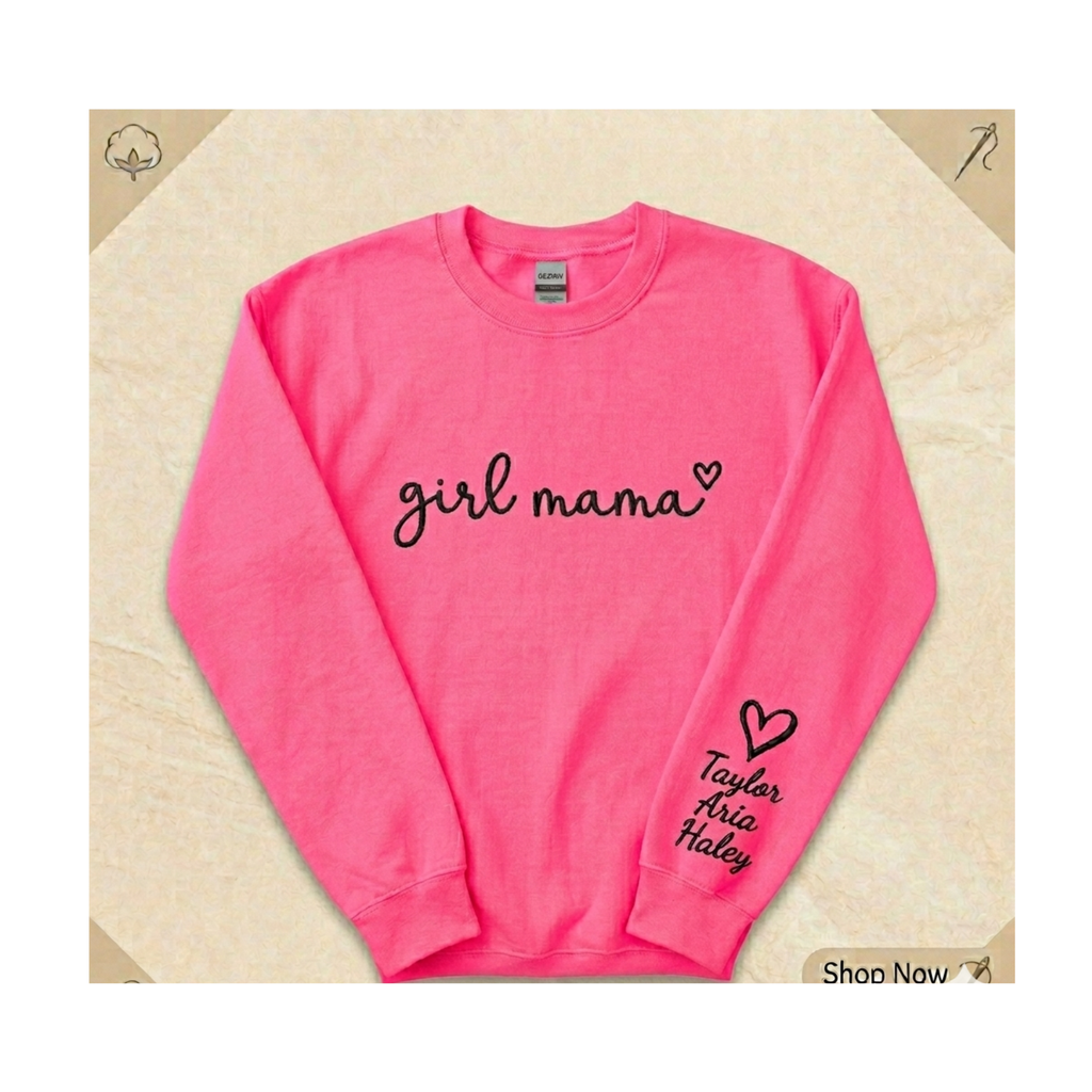 Girl Mama Personalized Embroidered Sweatshirt with Kids Names on Sleeve