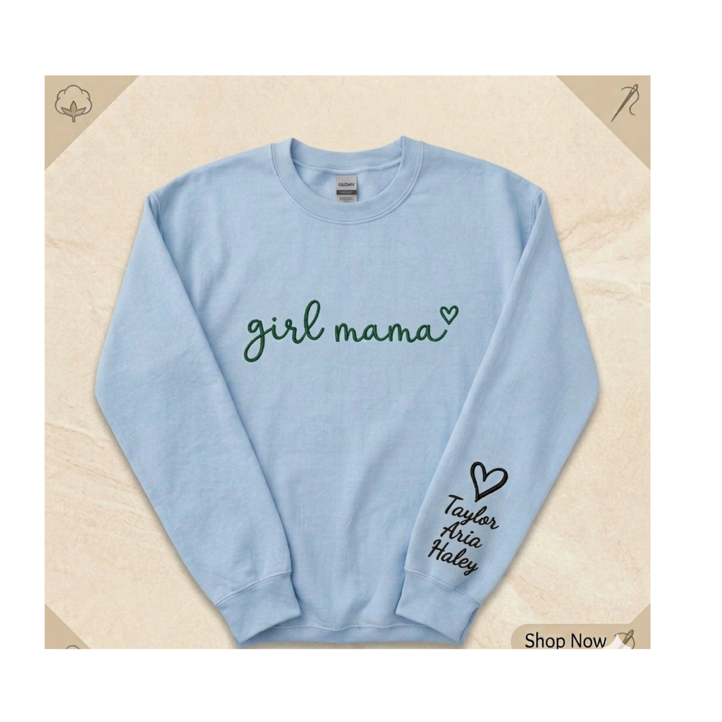Girl Mama Personalized Embroidered Sweatshirt with Kids Names on Sleeve