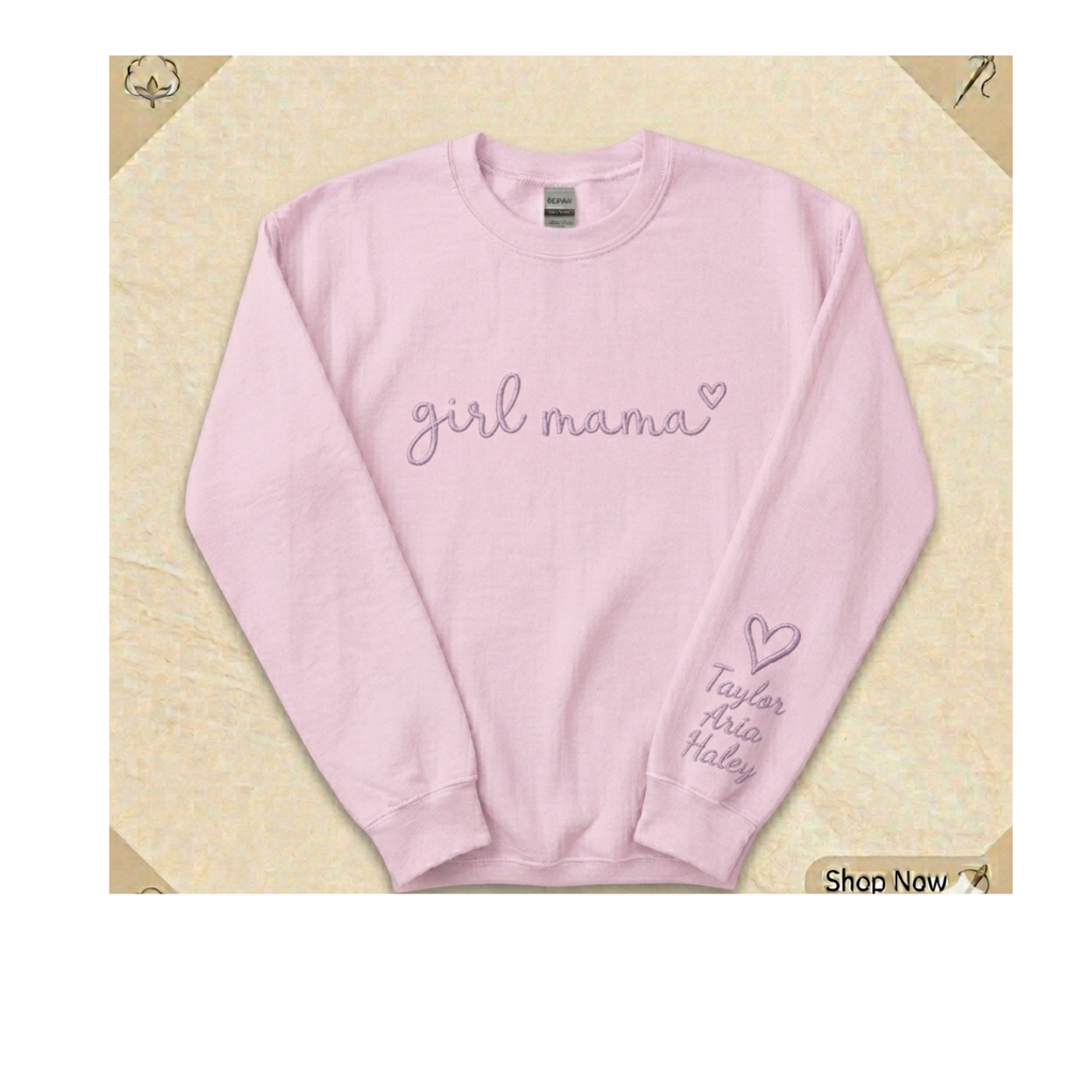 Girl Mama Personalized Embroidered Sweatshirt with Kids Names on Sleeve