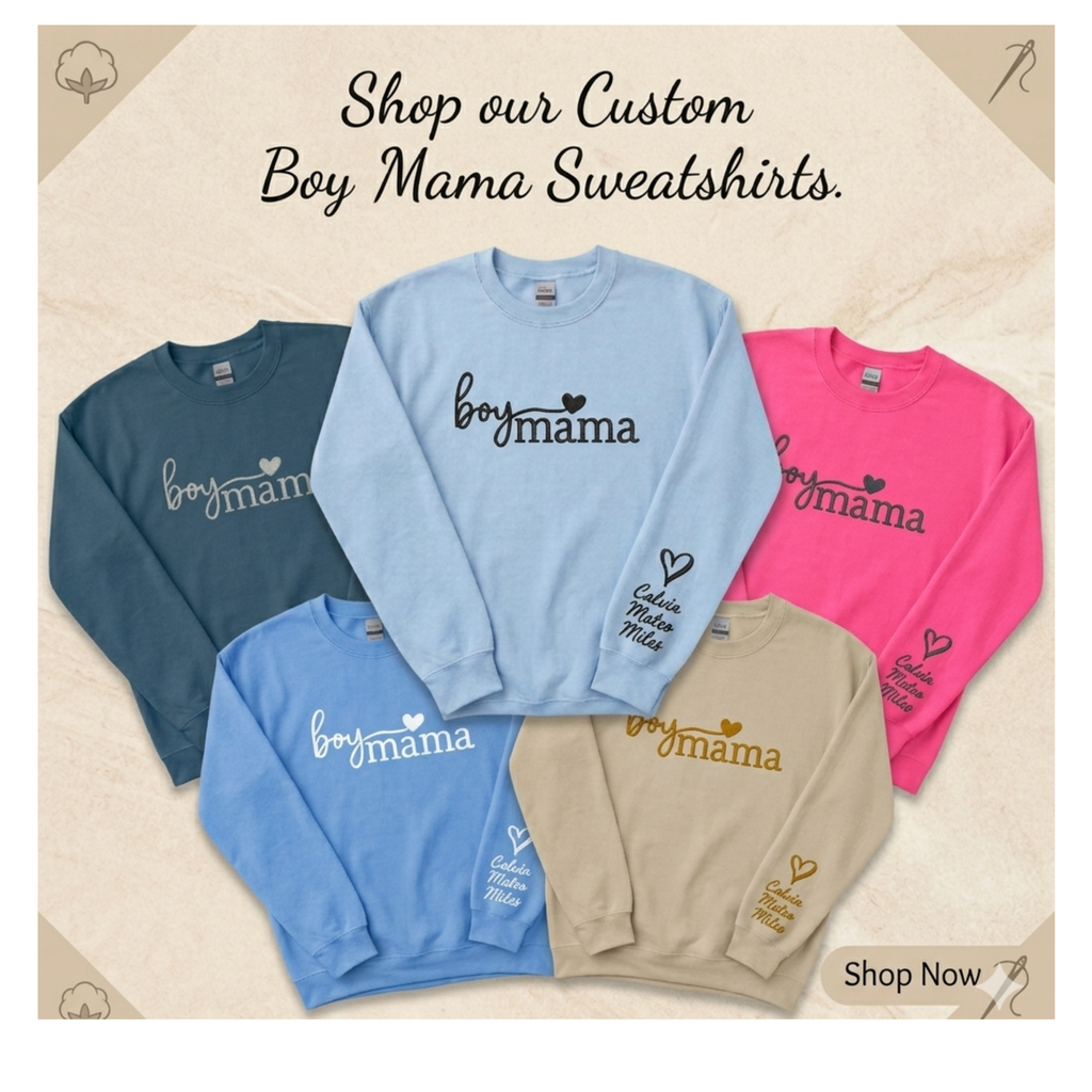 Boy Mama Personalized Embroidered Sweatshirt with Kids Names on Sleeve