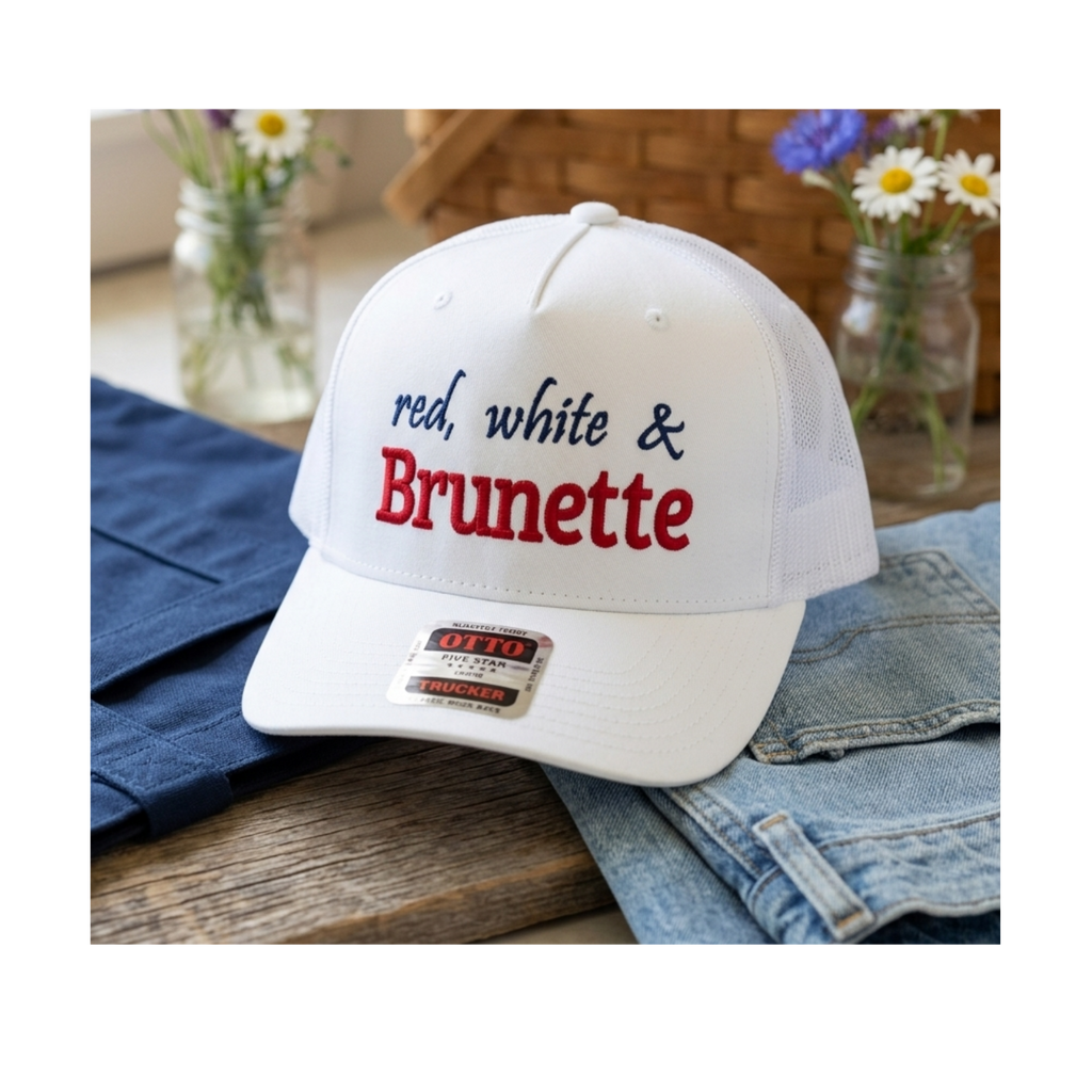 Red White and Blonde or Brunette Custom 3d Puff Embroidered Trucker Hat | Fourth of July 4th Merch | Patriotic Snapback Mesh Cap