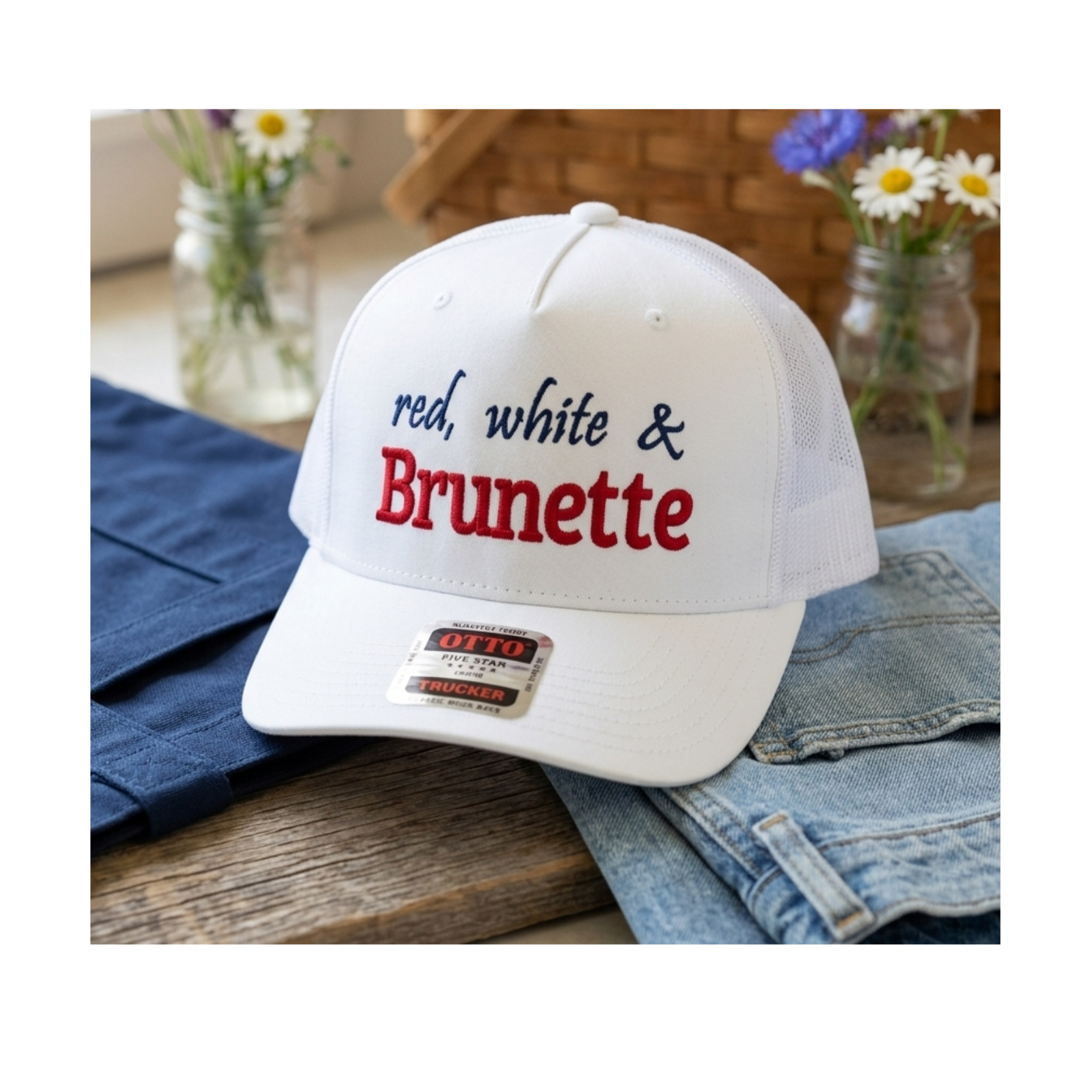 Red White and Blonde or Brunette Custom 3d Puff Embroidered Trucker Hat | Fourth of July 4th Merch | Patriotic Snapback Mesh Cap