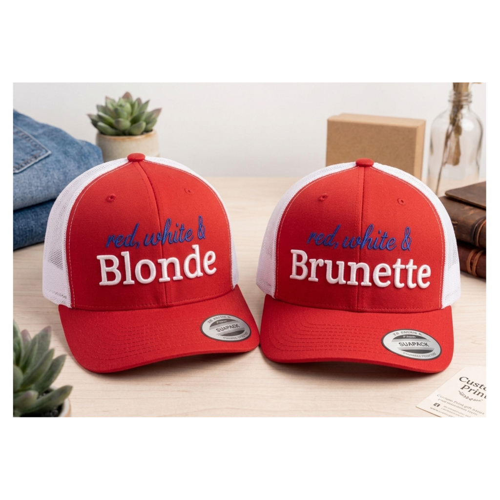 Red White and Blonde or Brunette Custom 3d Puff Embroidered Trucker Hat | Fourth of July 4th Merch | Patriotic Snapback Mesh Cap