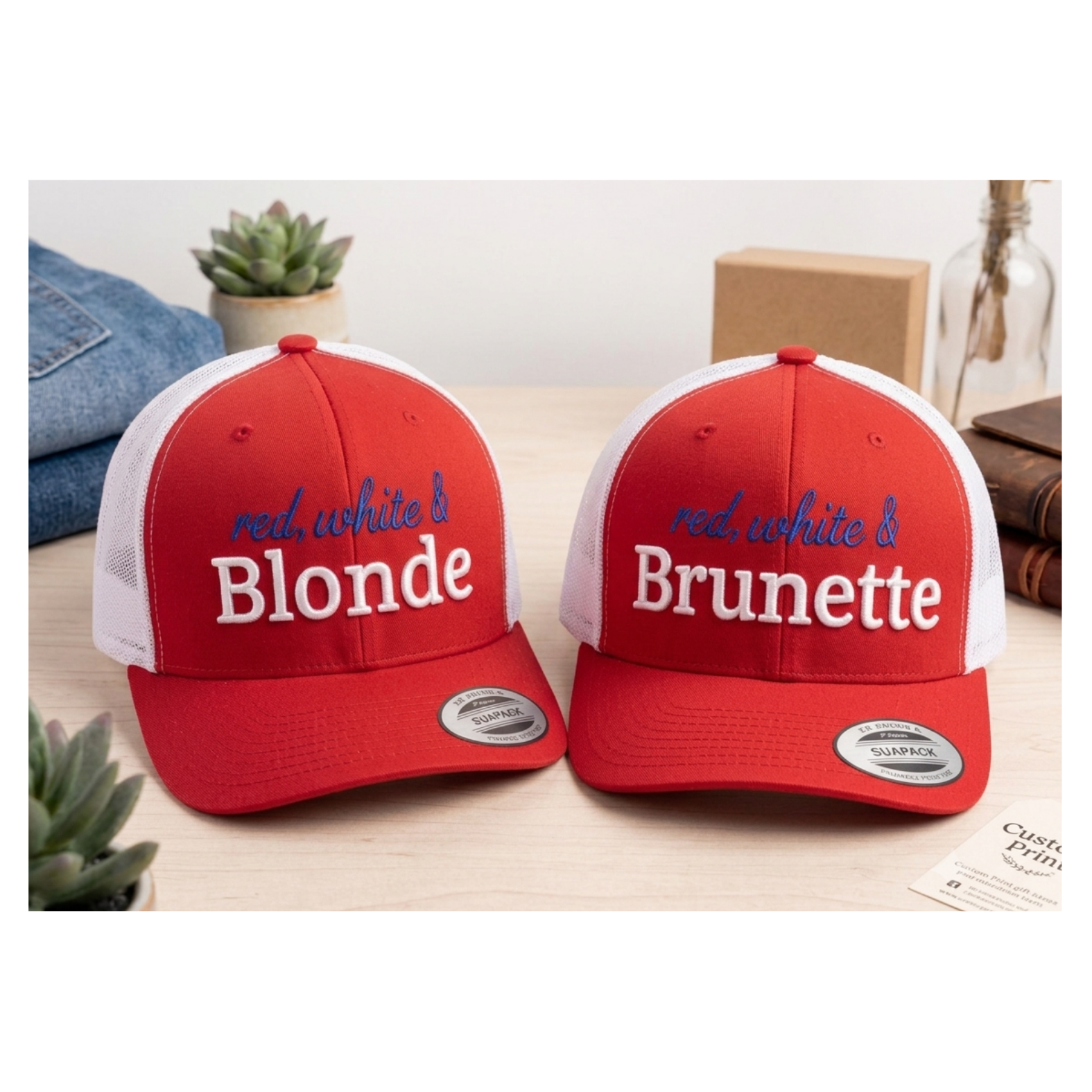 Red White and Blonde or Brunette Custom 3d Puff Embroidered Trucker Hat | Fourth of July 4th Merch | Patriotic Snapback Mesh Cap