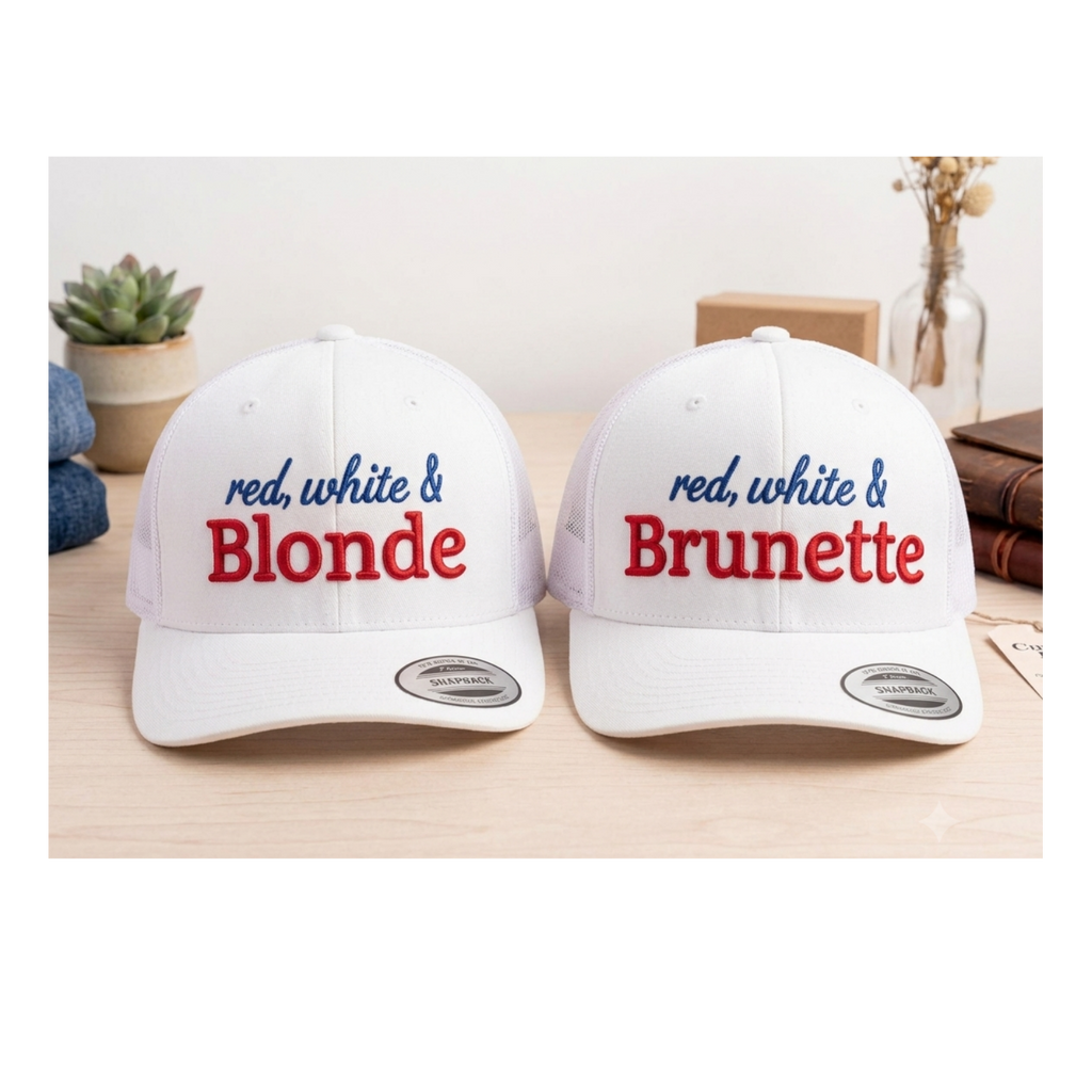 Red White and Blonde or Brunette Custom 3d Puff Embroidered Trucker Hat | Fourth of July 4th Merch | Patriotic Snapback Mesh Cap