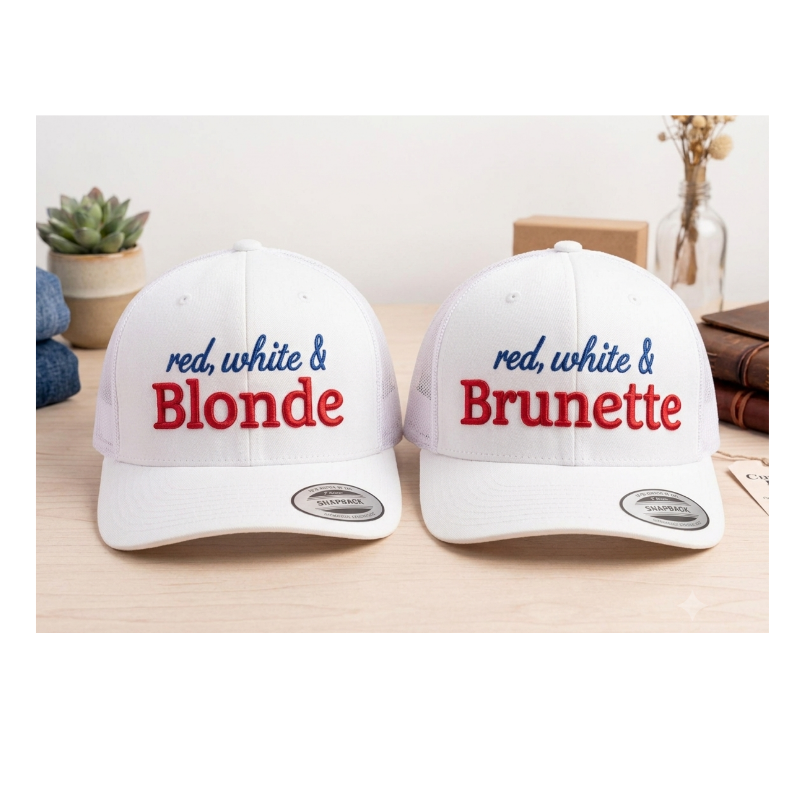 Red White and Blonde or Brunette Custom 3d Puff Embroidered Trucker Hat | Fourth of July 4th Merch | Patriotic Snapback Mesh Cap