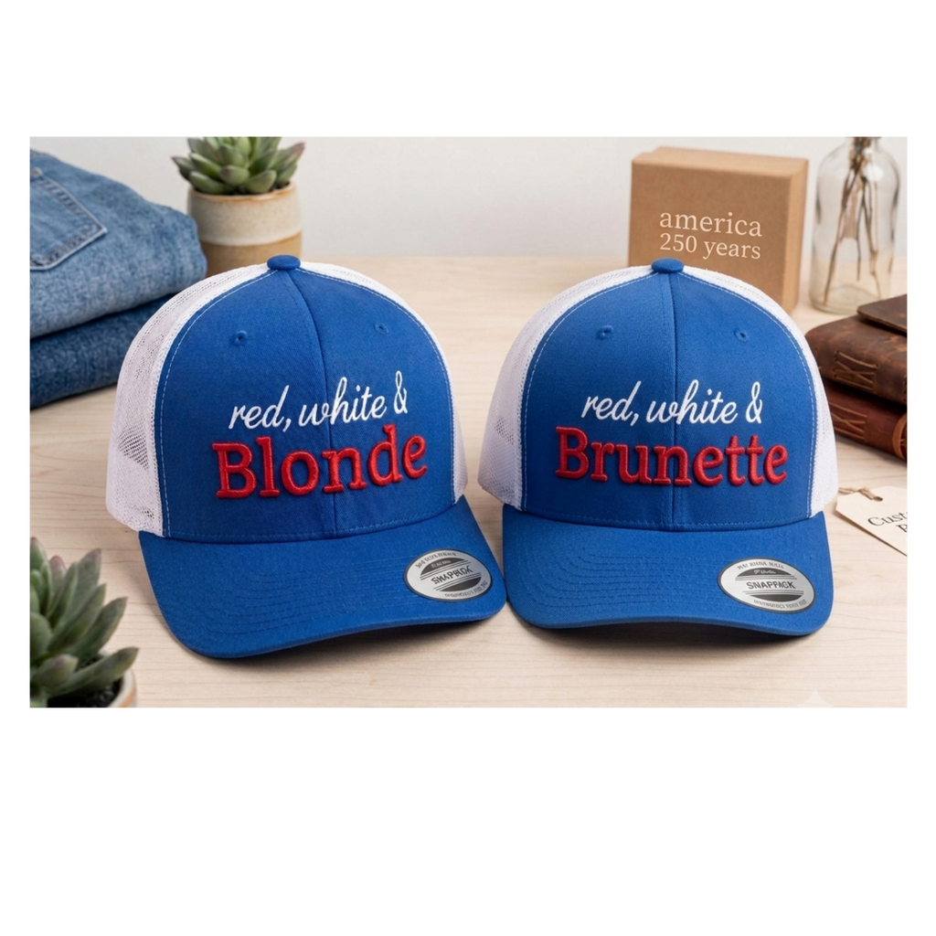 Red White and Blonde or Brunette Custom 3d Puff Embroidered Trucker Hat | Fourth of July 4th Merch | Patriotic Snapback Mesh Cap