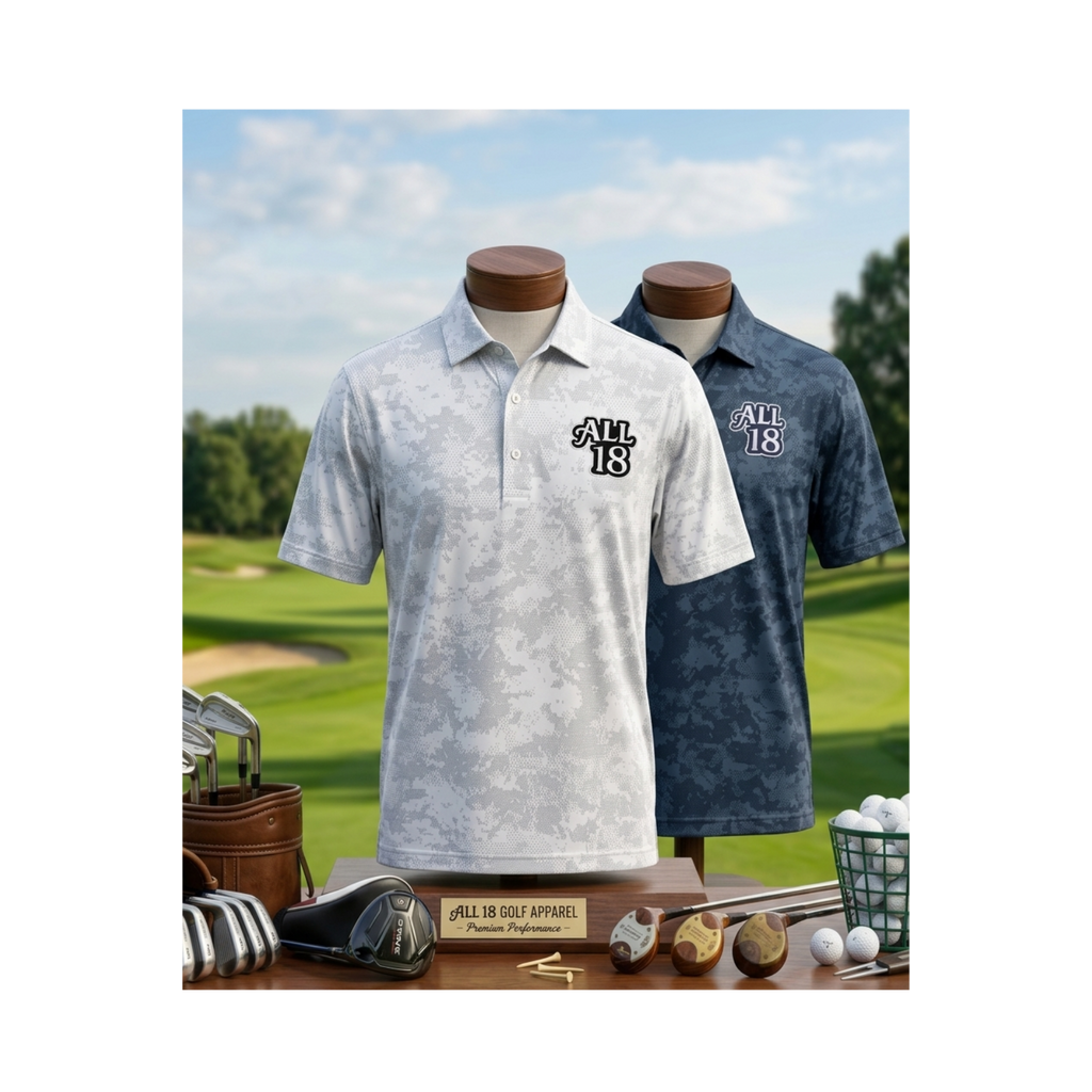 All 18 Golf Men's Monterey Performance Golf Polo - Navy or White Camo Print
