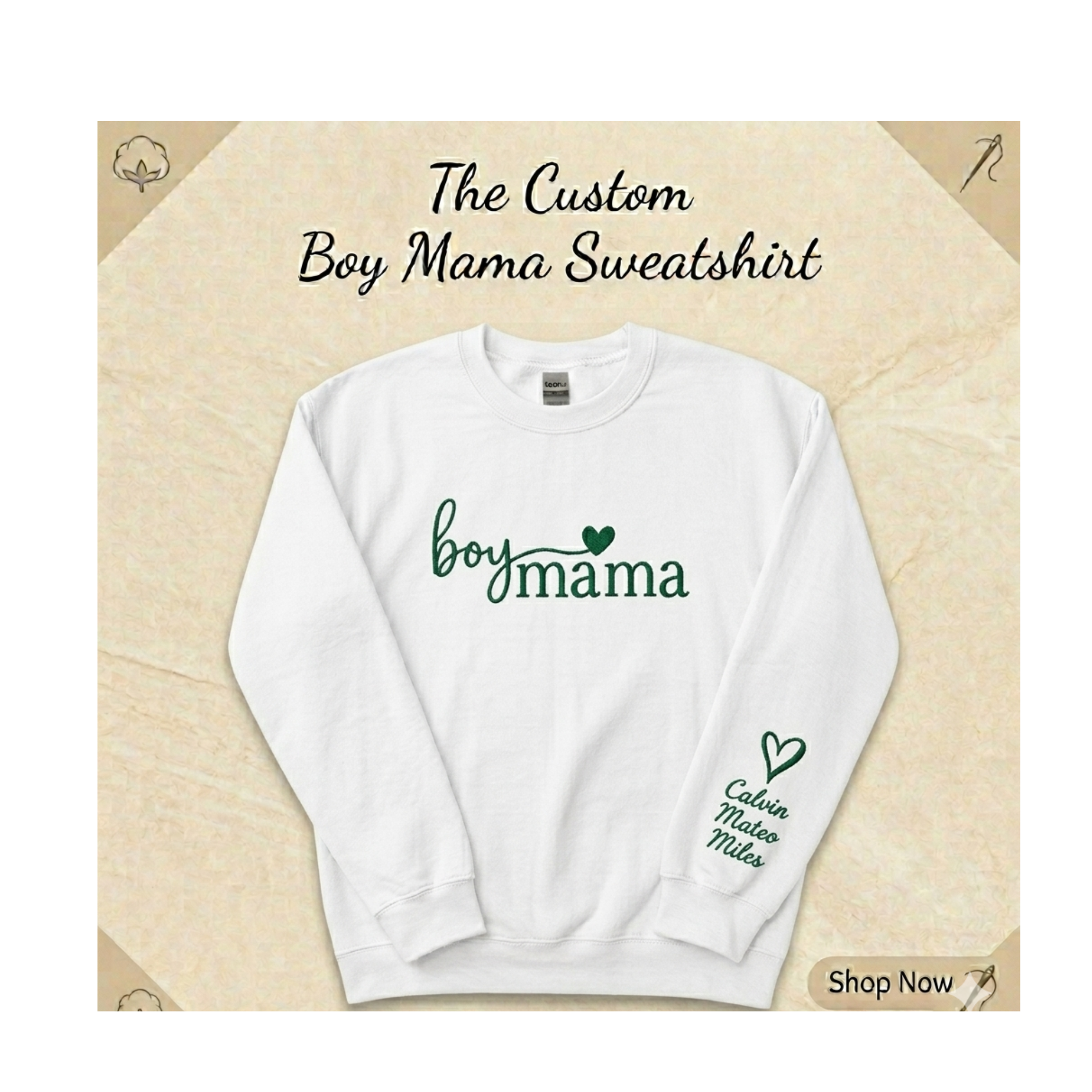 Boy Mama Personalized Embroidered Sweatshirt with Kids Names on Sleeve