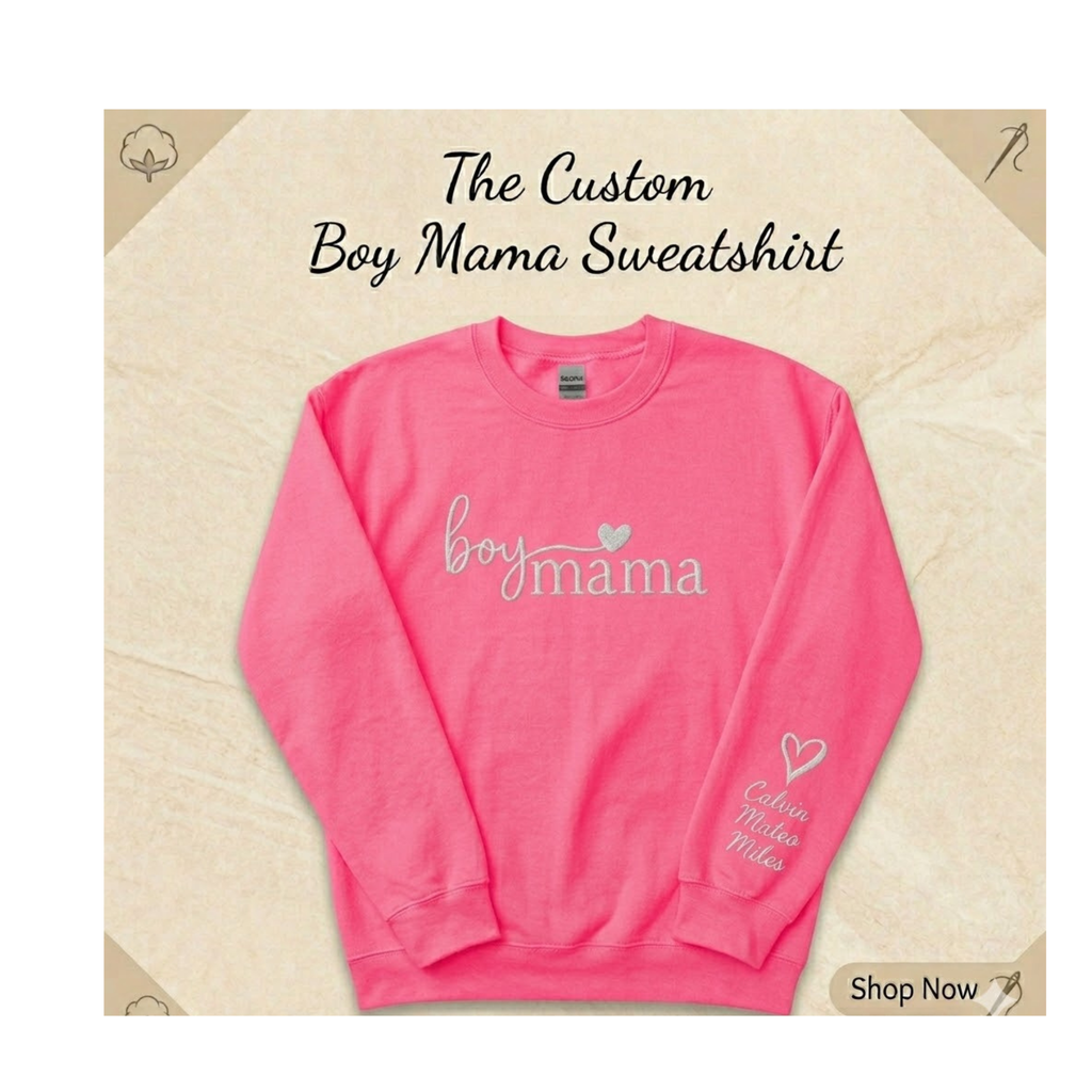 Boy Mama Personalized Embroidered Sweatshirt with Kids Names on Sleeve