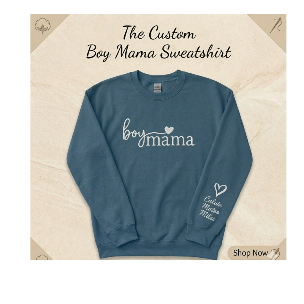 Boy Mama Personalized Embroidered Sweatshirt with Kids Names on Sleeve