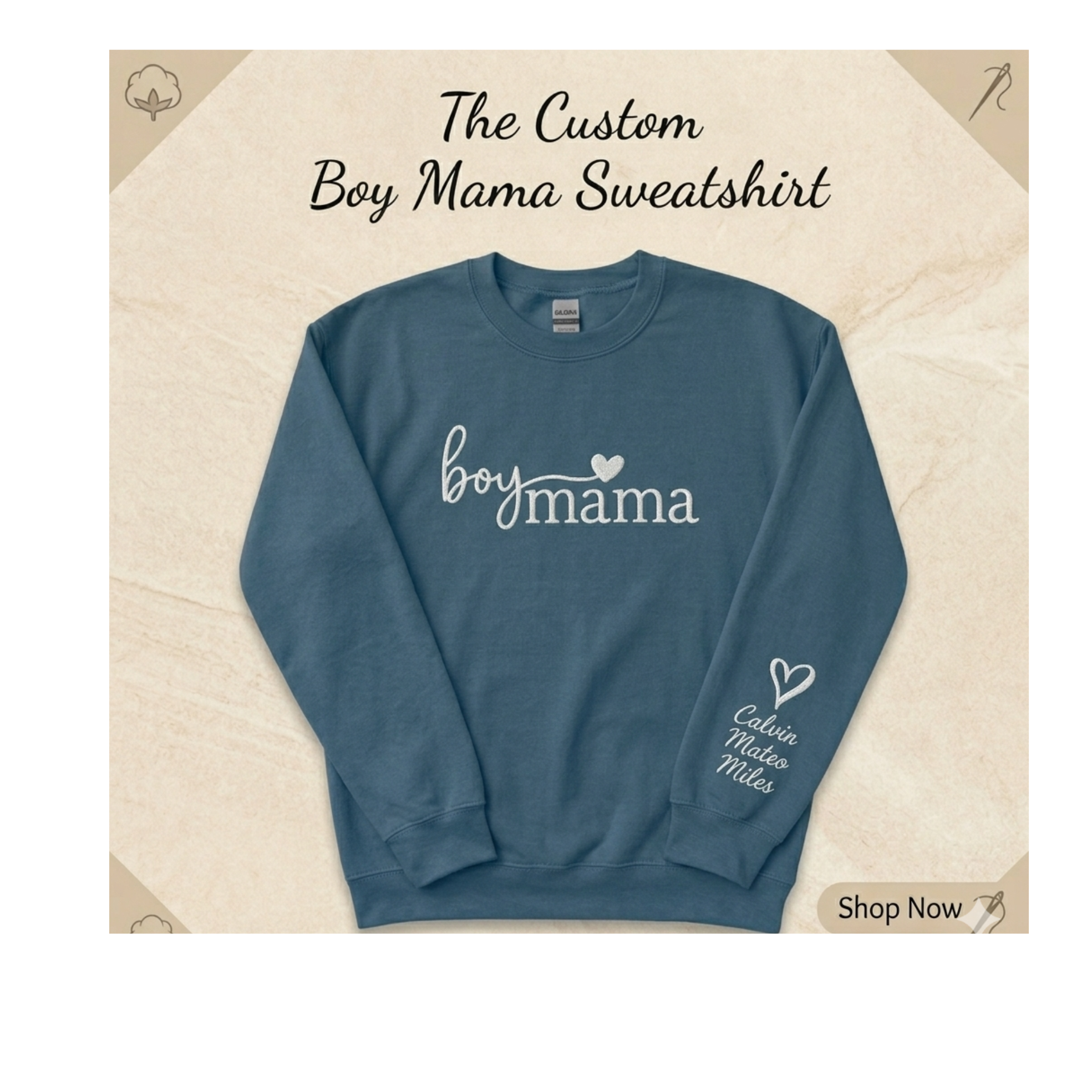Boy Mama Personalized Embroidered Sweatshirt with Kids Names on Sleeve