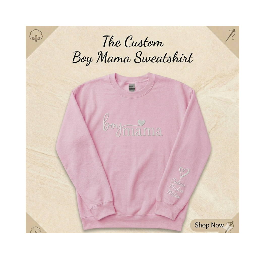 Boy Mama Personalized Embroidered Sweatshirt with Kids Names on Sleeve