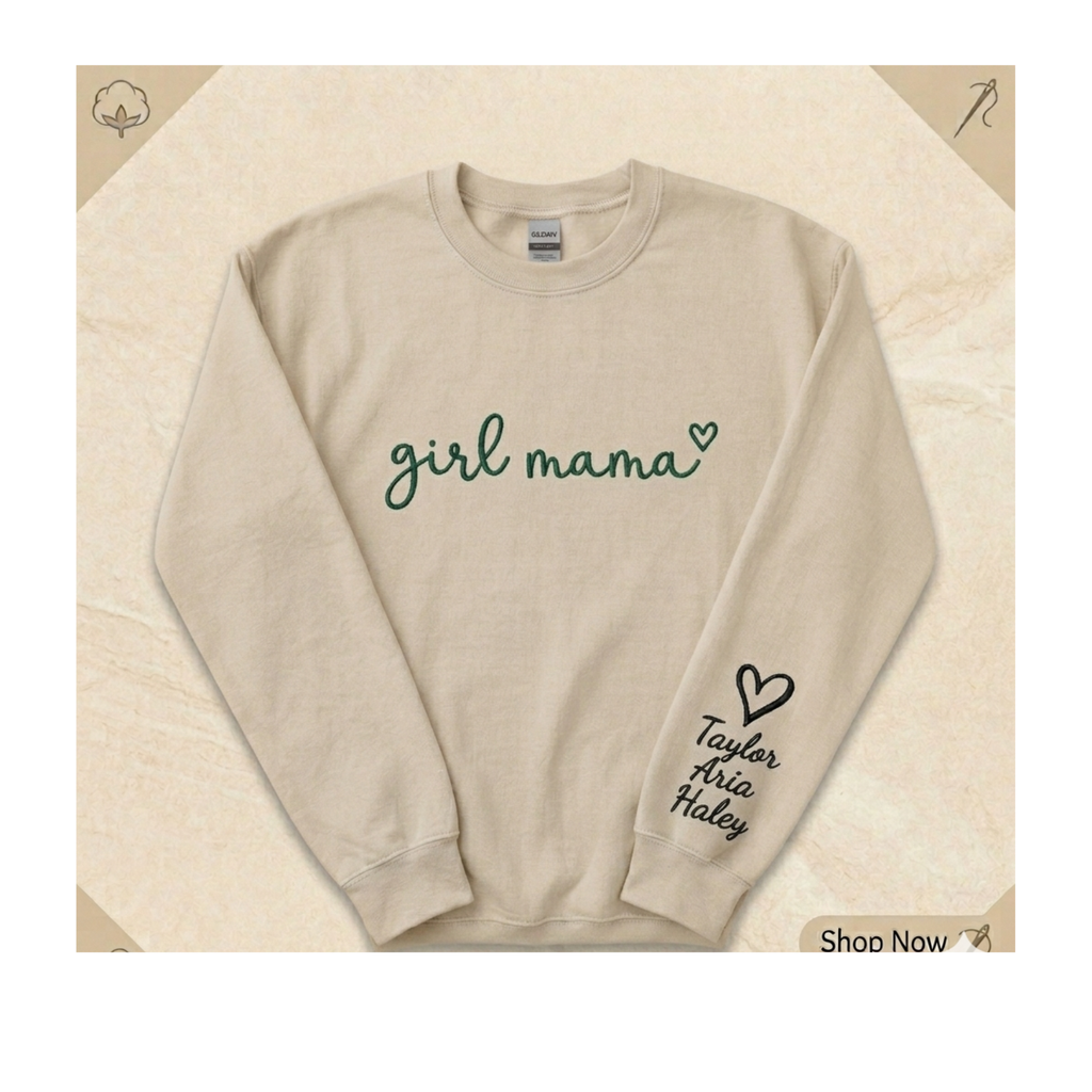Girl Mama Personalized Embroidered Sweatshirt with Kids Names on Sleeve