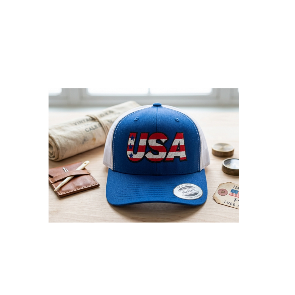 USA Flag Trucker Hat - Patriotic Red White Blue Snapback Mesh Cap - 4th of July Americana Apparel - Gift for Him & Her