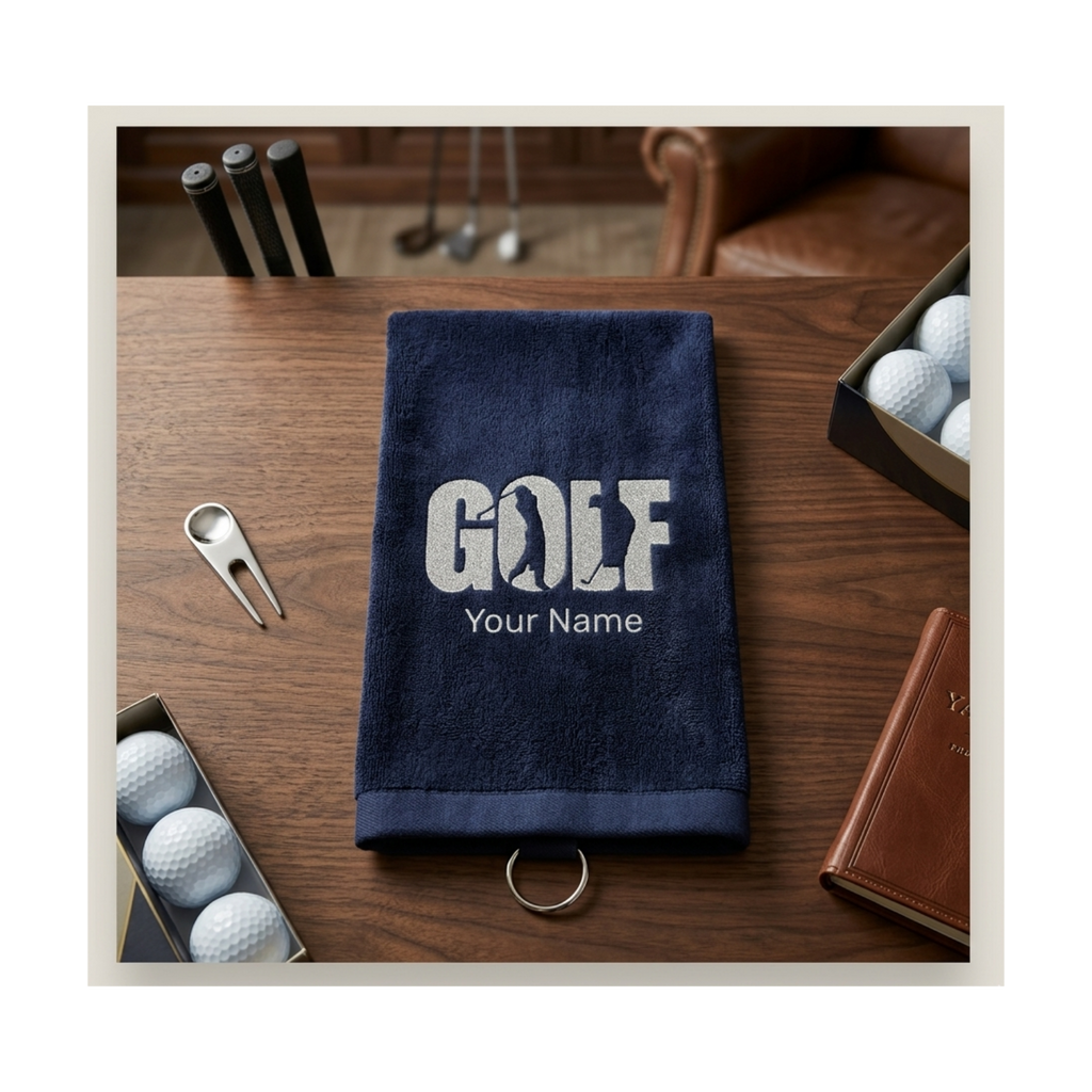 Custom Embroidered Golf Towel with Name - Personalized Father’s Day or Groomsman Gift - Black & Navy