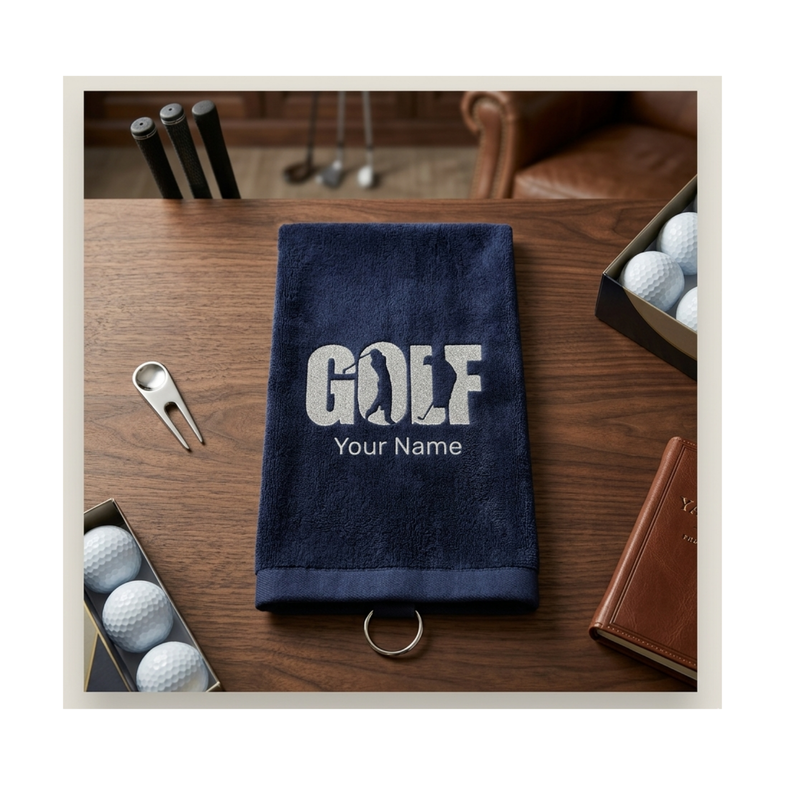 Custom Embroidered Golf Towel with Name - Personalized Father’s Day or Groomsman Gift - Black & Navy