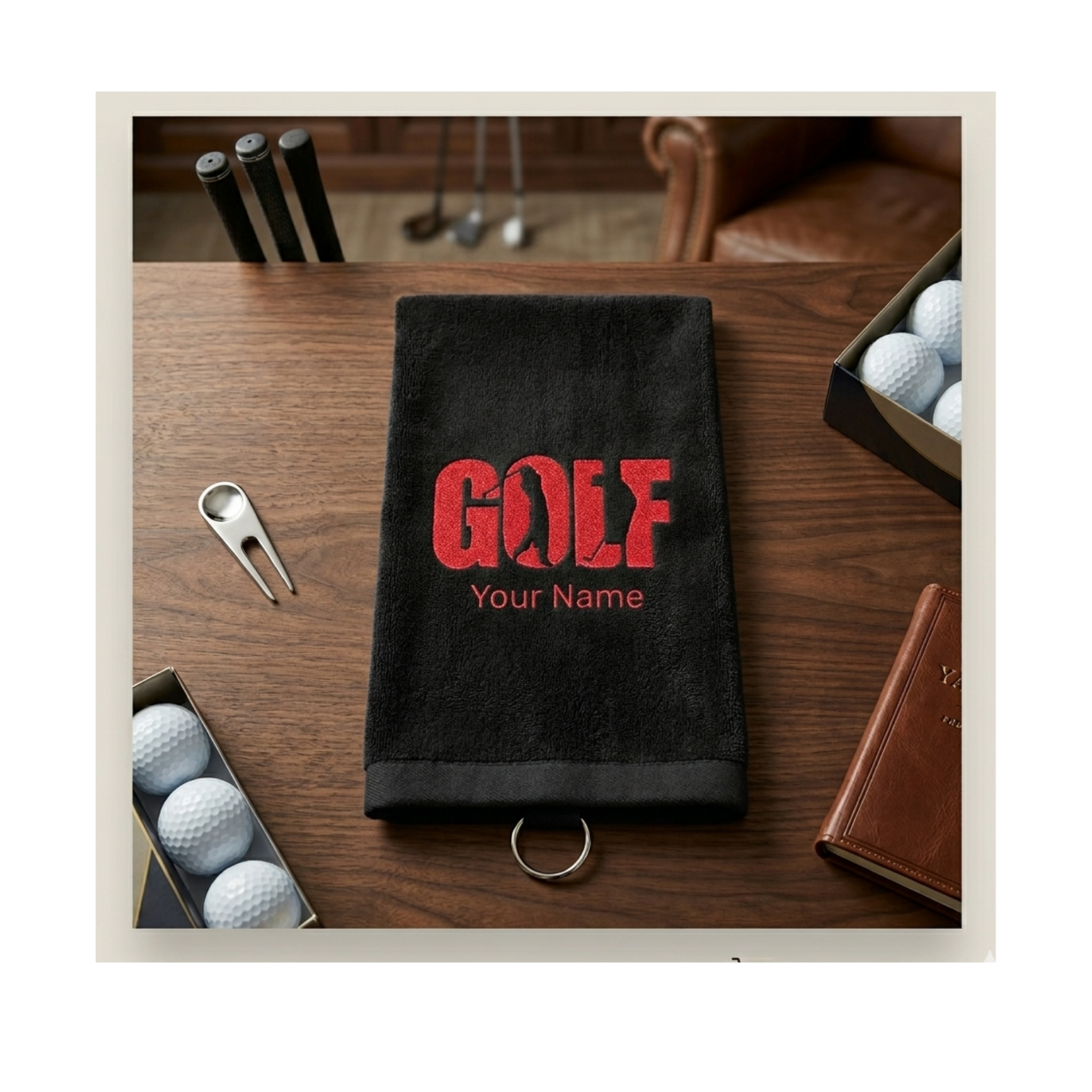 Custom Embroidered Golf Towel with Name - Personalized Father’s Day or Groomsman Gift - Black & Navy