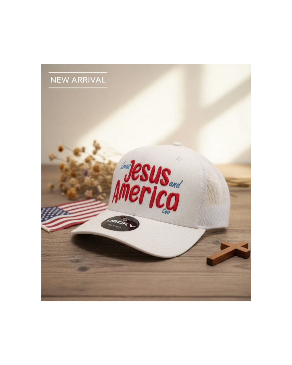 Loves Jesus and America Too Navy or White 6 Panel Classic Trucker Hat Mid Profile (3D Puff Embroidery)