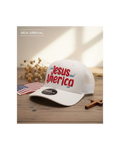 Loves Jesus and America Too Navy or White 6 Panel Classic Trucker Hat Mid Profile (3D Puff Embroidery)