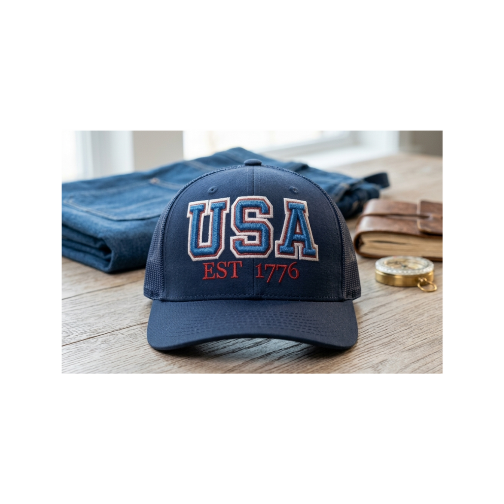 USA Est 1776 Hat: Navy 3D Puff Embroidery Red Glitter Applique