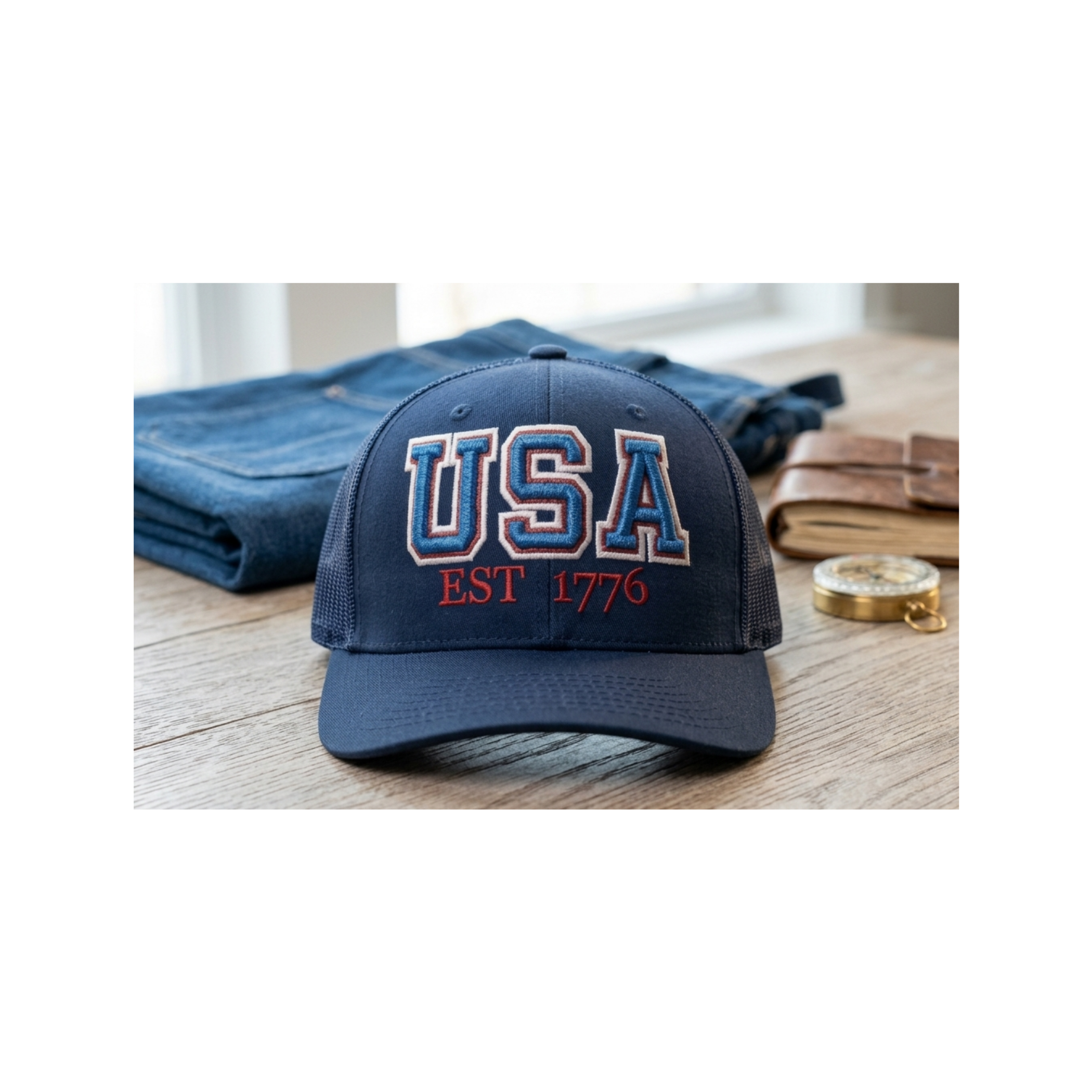 USA Est 1776 Hat: Navy 3D Puff Embroidery Red Glitter Applique
